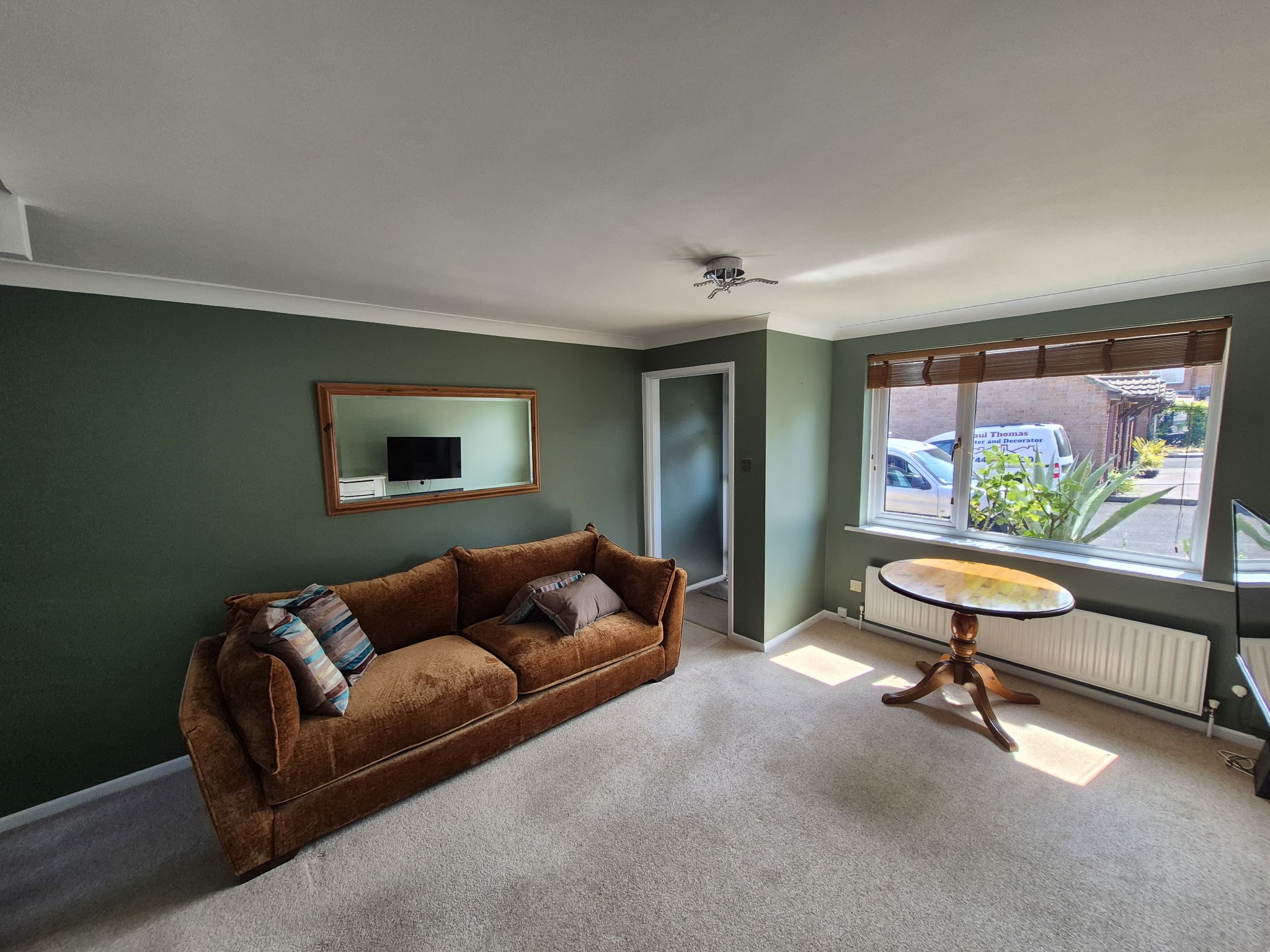 Lounge decorated in sage green with white ceiling and coving